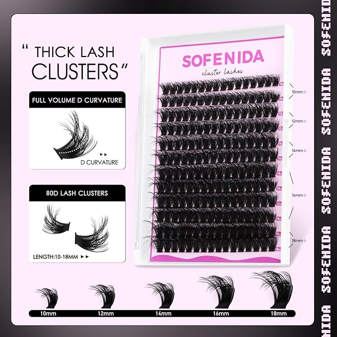 SOFENIDA Lash Clusters Kit 80D Lash Clusters Kit 10-18mm Volume Eyelash Clusters D Curly Cluster Eyelash Extensions 3D Wispy Lashes Cluster DIY Lash Extension Kit(80D-10-18MIX Thick Kit)