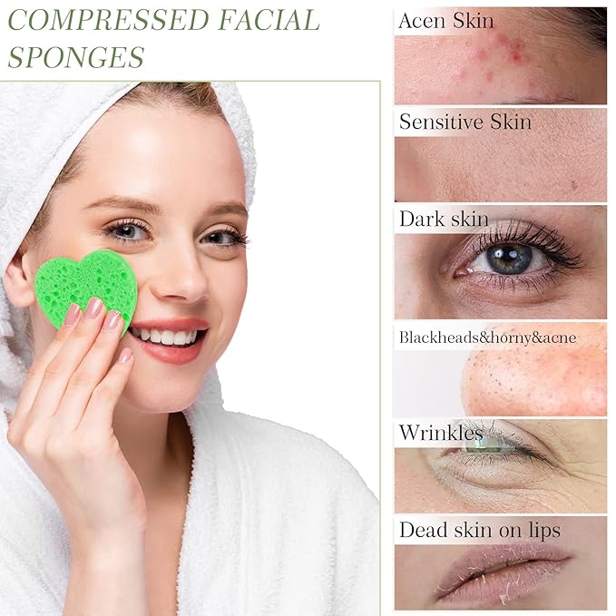 Sieral 120 Pcs Compressed Facial Sponges with Container Disposable Face Sponge Pads for Washing Face Cleansing Exfoliating Esthetician Makeup Removal(Heart,Green)