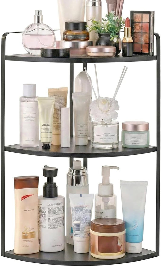 3 Tier Corner Bathroom Counter Organizer, Countertop Organizer, Vanity Organizers, Bathroom Storage Sink Shelf, Wooden and Metal Counter Shelf, Perfume Organizer for Makeup Tray (Large Capacity-Black)