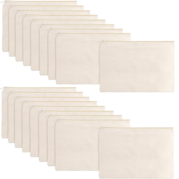 meekoo 16 Pack Blank Canvas Pouch Zipper Cosmetic Bag Bulk Plain Makeup Pouch Sublimation DIY Craft Multipurpose Travel Toiletry Bag for Makeup Cosmetic Stationary Storage Organizer(M,Beige)