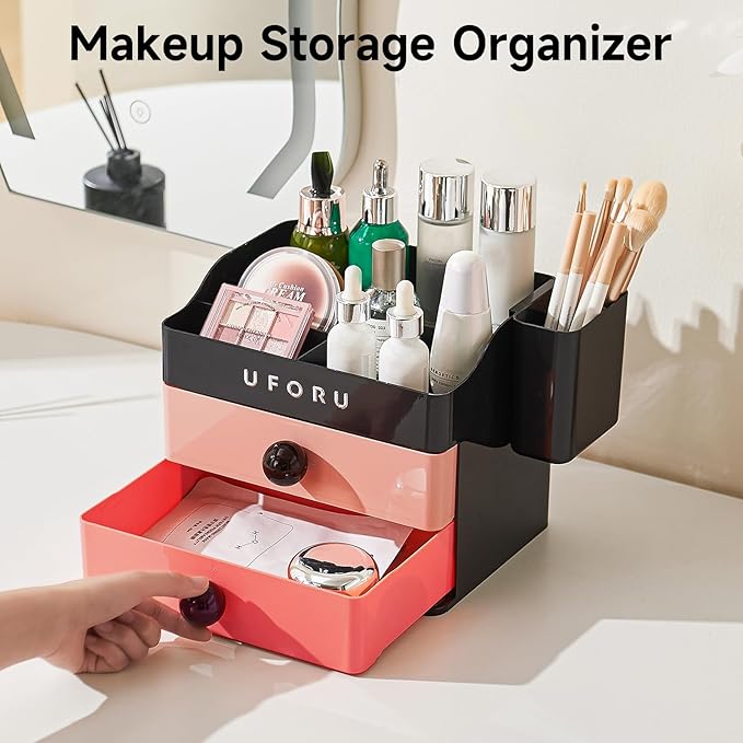 Makeup Organizer for Vanity with Brush Holder, Countertop Skincare Organizer with 2 Drawers, Spacious Cosmetic Display Case for Perfumes, Eyeshadow Palettes, Nail Polishes