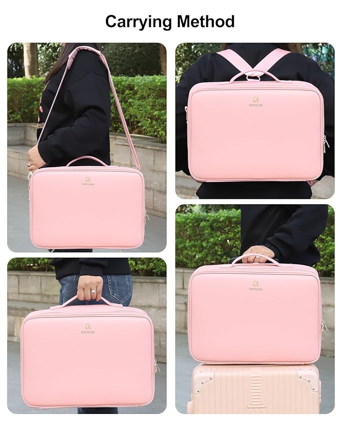 Relavel Large Makeup Case with LED Mirror, Train Cosmetic Case with Separate Brush Board, Professional Makeup Organizer Storage with Detachable Dividers for Makeup Artists, Hairstylist - Pink