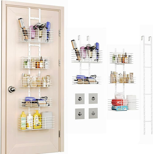 Yuyetuyo 5-Tier Over The Door Organizer Bathroom Shelves Hair Tool Organizer - Hair Dryer Holder Adjustable Height, DIY Bathroom Storage Shelf Wall Mounted Behind The Door Storage