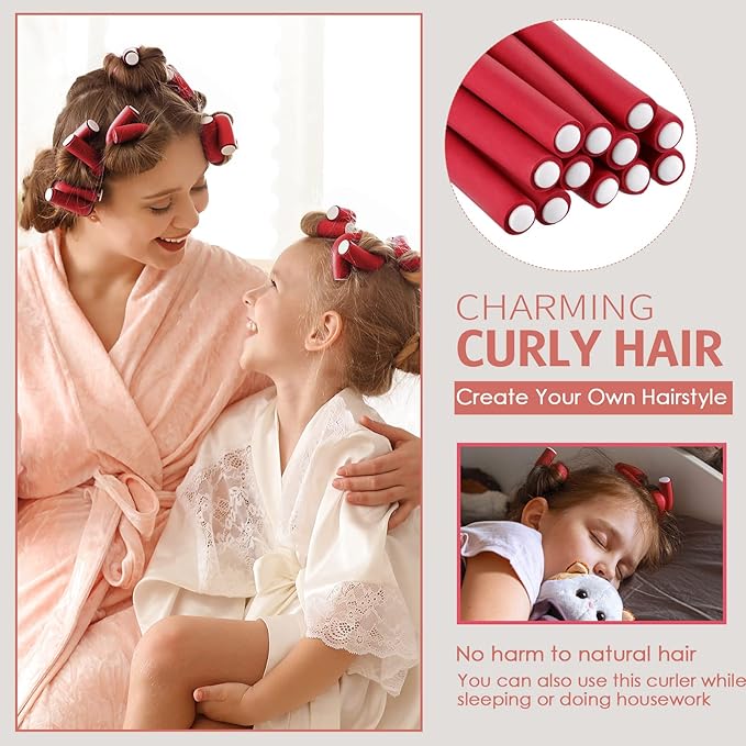 Syhood 30 Pieces Flexible Curling Rods Twist Hair Rollers Soft Foam Rods No Heat and 1 Pcs Steel Rat Tail Comb for Women Long and Short Hair(7 x 0.39 Inch,Red)