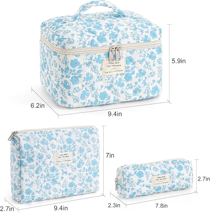 Makeup Bag for Women 3PCS Quilted Cotton Make Up Bag Travel Cosmetic Bag Large Makeup Bag Set Cute Bag Organizer Floral Toiletry Pouch for Purse, Azure Blue