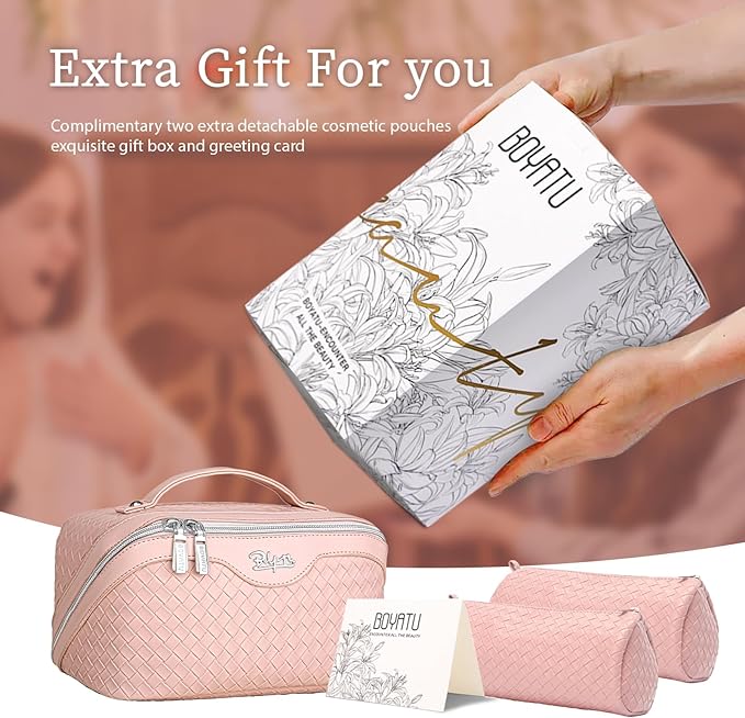 BOYATU Travel Makeup Bag Cosmetic Bags for Women: Large Capacity 3 Pcs Set Make up Bag with Compartments - Waterproof Vegan Leather Toiletry Organizer Bags with Handle (L02 Light Pink)