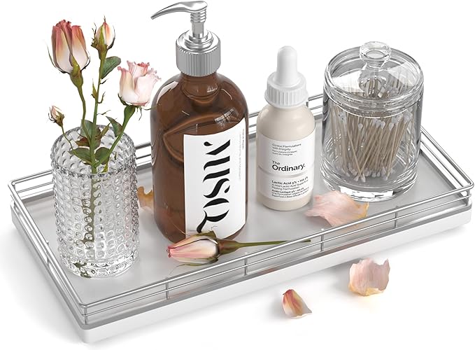 Bathroom Vanity Tray – 12" x 6" Oak Decorative Wooden Tray for Toilet Tank Organizer Wood Tray for Bathroom Countertop, Soap, Perfume & Accessories Storage, Vanity Dresser Decor, Sliver & White
