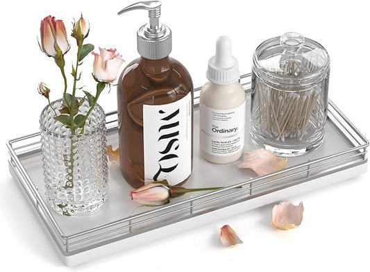 Bathroom Vanity Tray – 12" x 6" Oak Decorative Wooden Tray for Toilet Tank Organizer Wood Tray for Bathroom Countertop, Soap, Perfume & Accessories Storage, Vanity Dresser Decor, Sliver & White