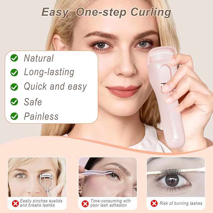 Heated Eyelash Curler, Type-C Rechargeable with 3 Temp Settings & Safe Silicone Pad for Natural Curls, Travel-Friendly (Pink)