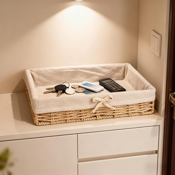 4PCS Wicker Storage Baskets Hand-woven Baskets for Shelves Rattan Basket for Bathroom Storage with Lining Decorative Rectangle Shelf Baskets Set for Pantry Kitchen Bedroom