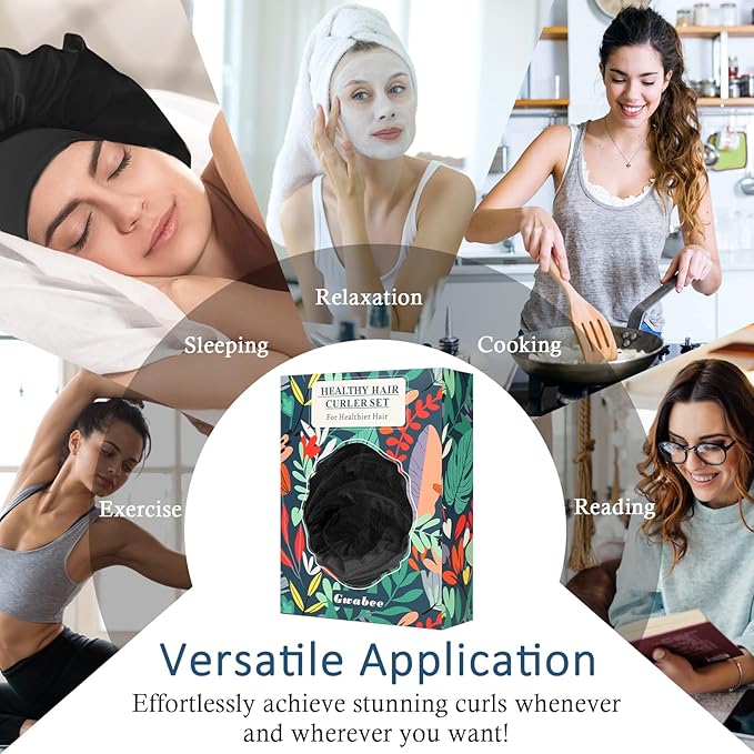 No Heat Overnight Curl Headband Set for Women and Girls - Soft Satin Bonnet with Rollers Wrap for Long Hair Curls, 10 PCS Gift Box - Black