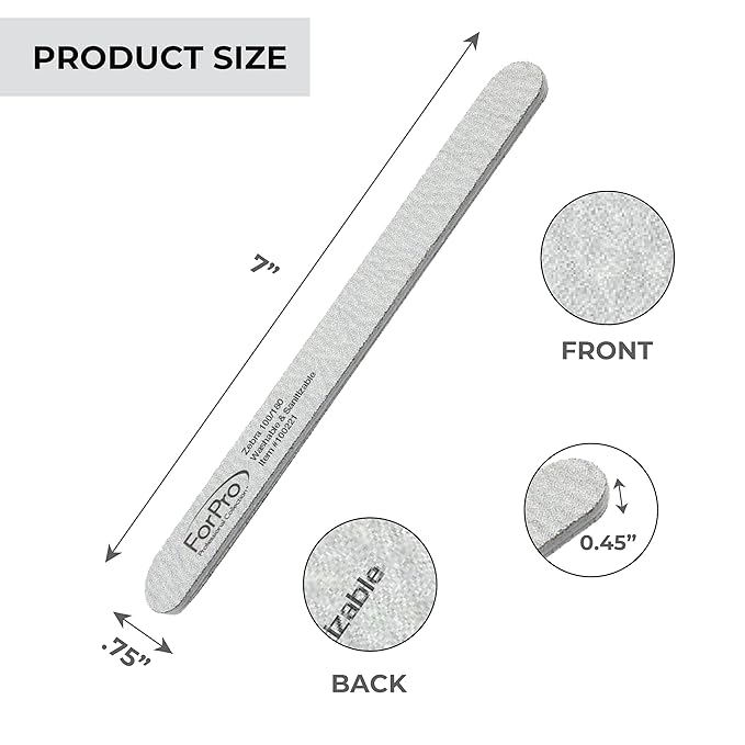 ForPro Professional Collection Zebra Foam Board, 100/180 Grit, Double-Sided Manicure Nail File, 7" L x .75" W 50-Count