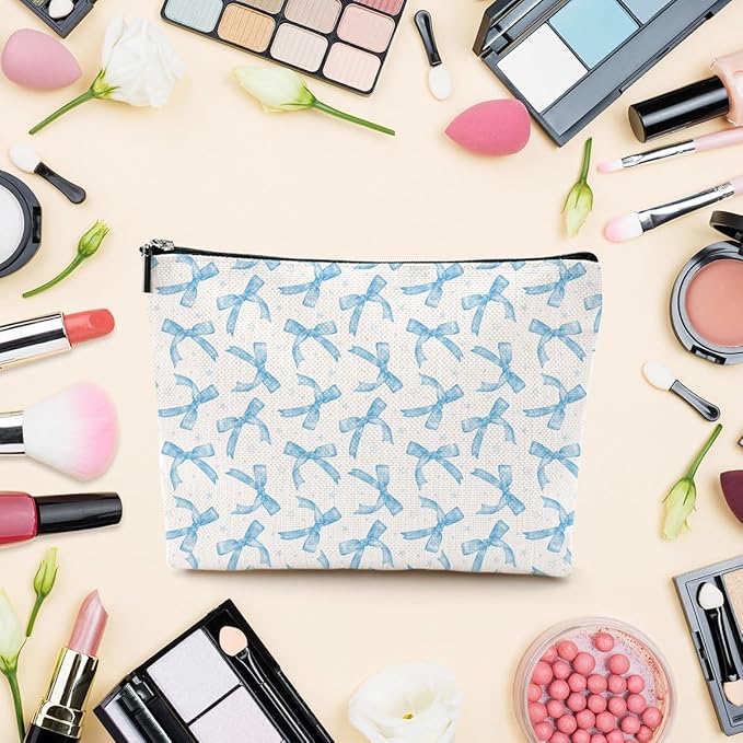 Coquette Makeup Bag Trendy Teen Girls Gifts Blue Bow Pouch Bag Gift for Women Aesthetic Cosmetic Bag Preppy Stuff Trendy Preppy Makeup Bag Funky Zipper Travel Toiletry Bag