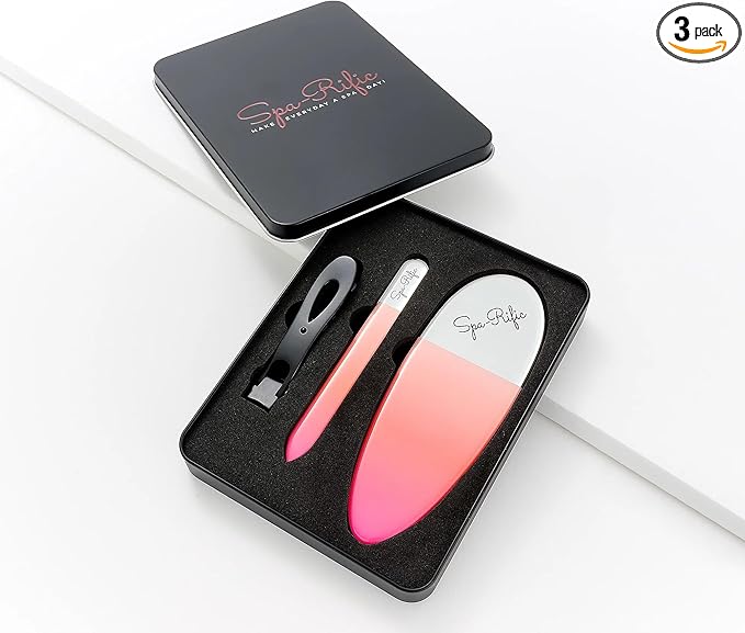 Spa-Rific 3pc Nano File and Ultra Wide Jaw Nail Clipper Set: Glass Nail Files with Large Nail Clipper and Metal Case Kit - Crystal Fingernail Manicure and Pedicure Tools - Coral Pink Ombre