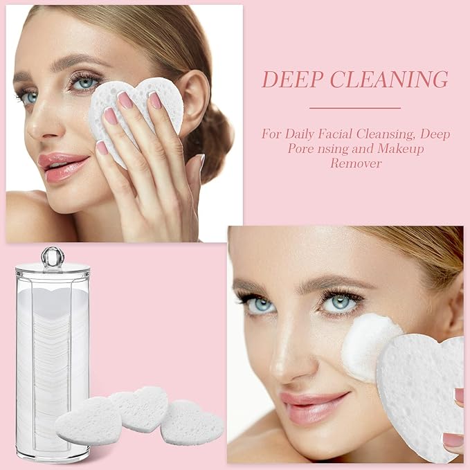 Sieral 120 Pcs Compressed Facial Sponges with Container Disposable Face Sponge Pads for Washing Face Cleansing Exfoliating Esthetician Makeup Removal(Heart,White)