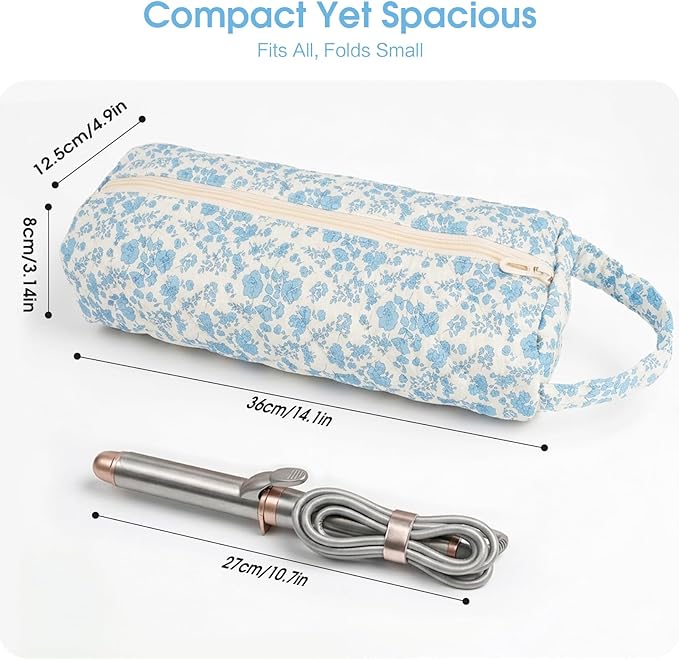 Hair Tools Travel Bag, Soft Compact Case Compatible with Dyson Airwrap & Shark Flexstyle, Curling Iron & Flat Iron Storage Organizer, 14" Portable Hair Accessories Bag（Blue Flower）