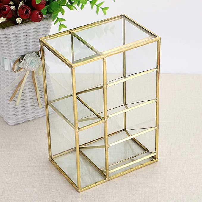 Hipiwe Vintage Gold Metal Desk Organizer - Glass Make up Brushes lipstick Holder Dresser Organizer Pen Pencil Storage Holder for Home Office Supplies (6 Compartment)