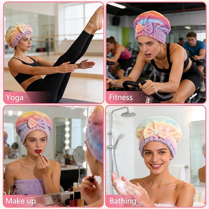2PCS Super Absorbent Hair Towel Wrap for Wet Hair,Microfiber Hair Drying with Caps Bow Design,2026 New Fast Drying Hair Turban Wrap Towels Shower Cap for Girls and Women (Mix)