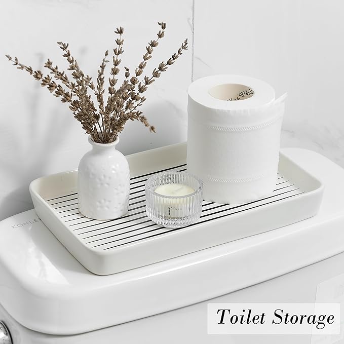 Pottify Bathroom Vanity Tray for Countertop,2PC Rectangle Striped Tray,Decorative Bathroom Organizer for Scrubber, Lotion Bottles, Perfume, Jewelry, Candle, Key Trinket Ring(Large,White)