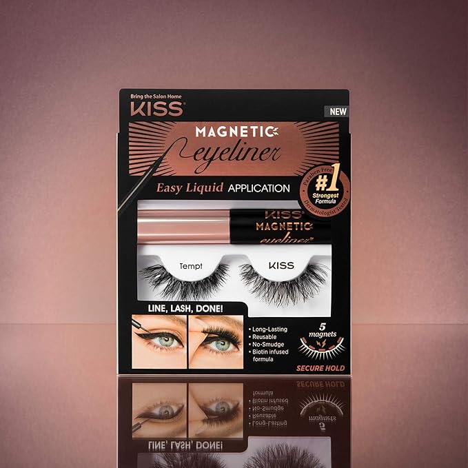 KISS Magnetic False Eyelashes and Eyeliner, ‘Tempt’, 14mm, Easy to Apply, Reusable, No Glue, Flexiband Technology, Precision Felt Tip, Fortified Formula, 1 Pair Strip Lashes