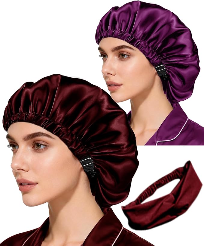 Hair Bonnets 3Pcs Satin Bonnet For Sleeping Silky Bonnets Womens Silk Bonnet Night Caps Curly Hair Sleep Cap For Women