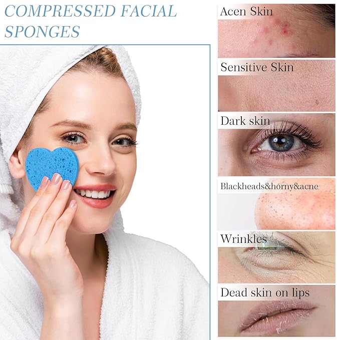 Sieral 120 Pcs Compressed Facial Sponges with Container Disposable Face Sponge Pads for Washing Face Cleansing Exfoliating Esthetician Makeup Removal(Heart,Dark Blue)