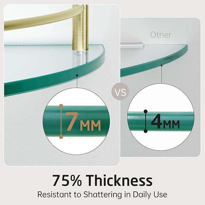 KES Glass Corner Shelf Bathroom Shelf Tempered Glass with Rail SUS 304 Stainless Steel Floating Wall Mount Bracket Brushed Gold, BGS2101A-BZ