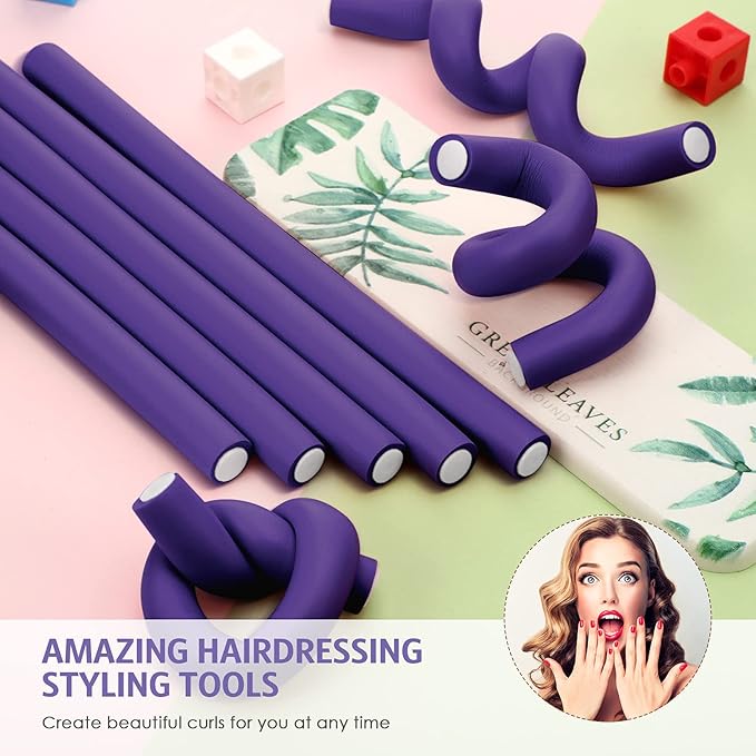 Syhood 30 Pieces Flexible Curling Rods Twist Hair Rollers Soft Foam Rods No Heat and 1 Pcs Steel Rat Tail Comb for Women Long and Short Hair (7 x 0.8 Inch,Purple)