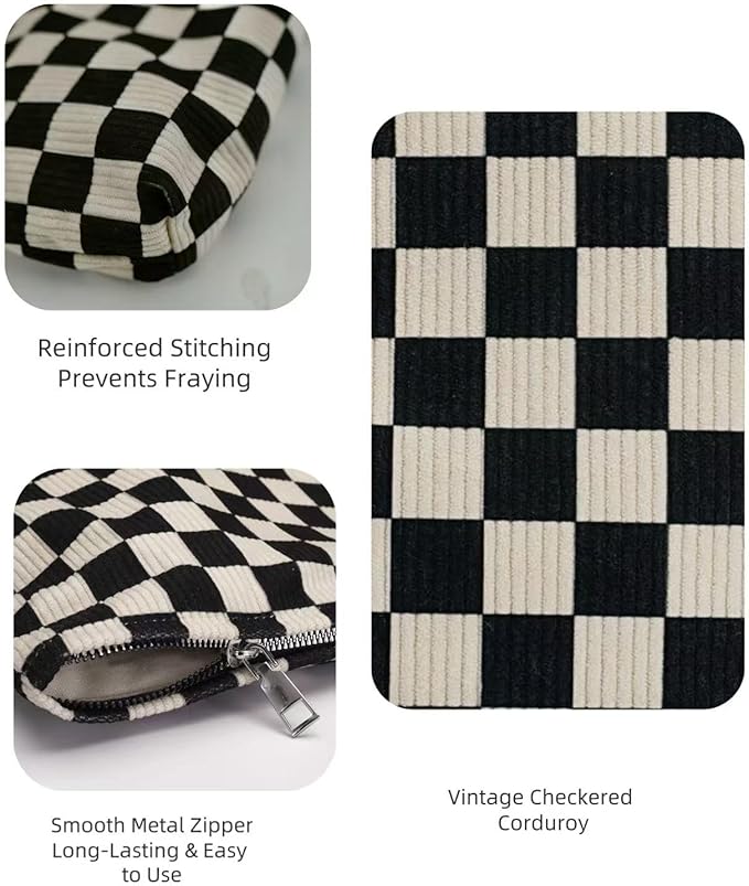 Black and White Checkered Makeup Bag Set of 2, Corduroy Cosmetic Pouch for Women, Travel Toiletry Bag with Zipper