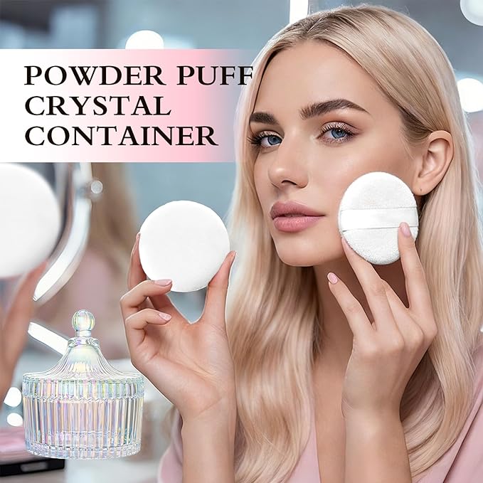 2 Piece Dusting Powder Container with Puff - Large Body Powder Puff and Container, Crystal Glass Powder Container with Puff Soft Velour Washable Reusable Face & Body Use (Dazzling)