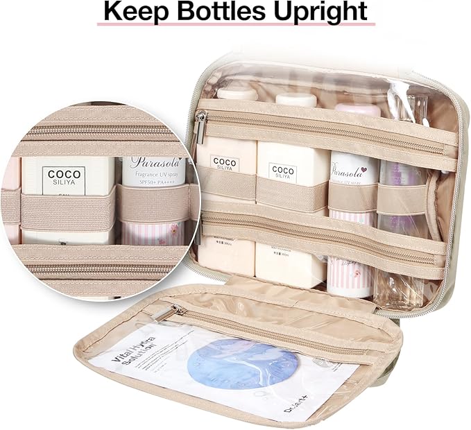 BAGSMART Toiletry Bag Hanging Travel Makeup Organizer with TSA Approved Transparent Cosmetic Bag Makeup Bag for Full Sized Toiletries, Large-Camel