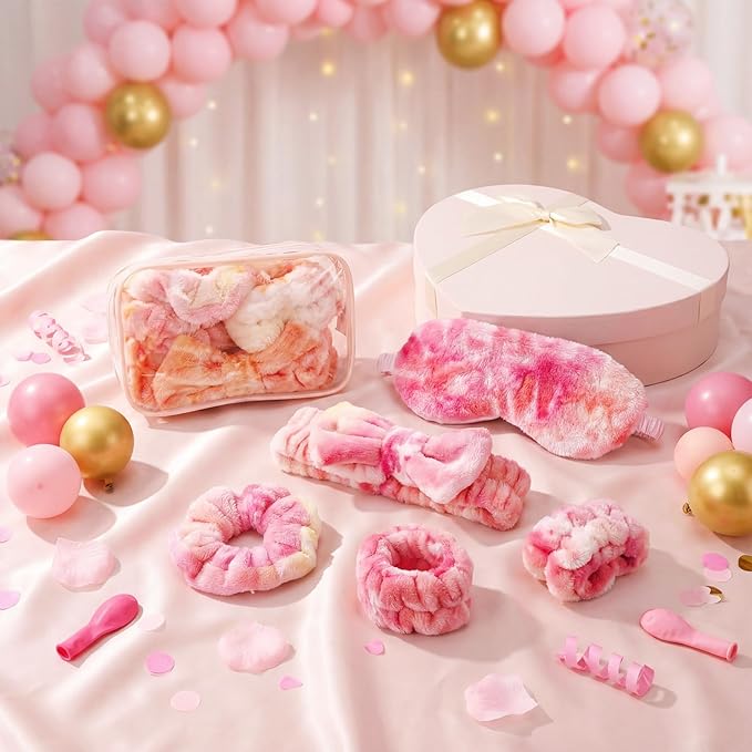 Hoteam 10 Pcs Galentine Spa Party Supplies Valentine Gift Set Sleepover Party Favor Spa Headband Wristband Sleep Eye Mask Velvet Scrunchies for Skin Care Makeup Slumber Night Favor(Tie Dye Orange)