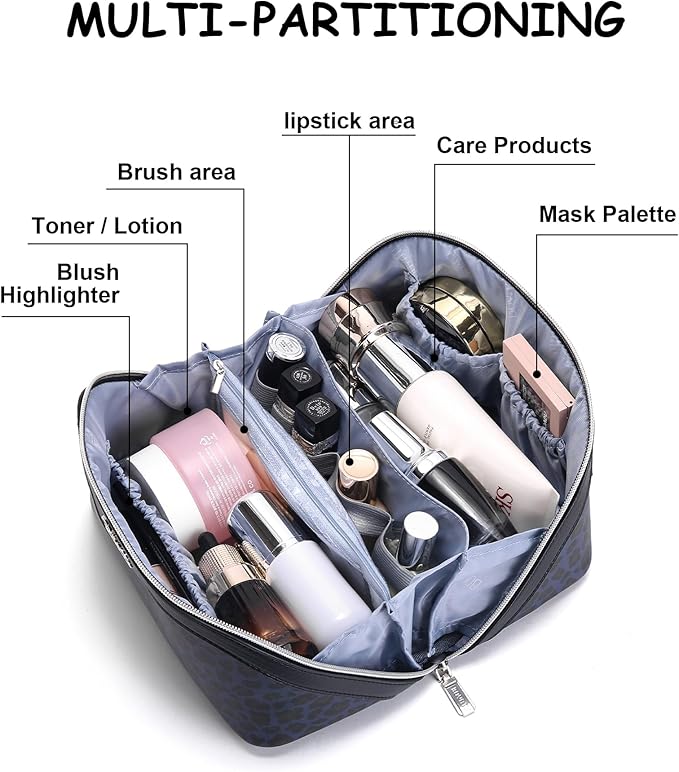 BOYATU Travel Makeup Bag for Women: 3 Pcs Set Portable Make up Bags with Handle - Leopard Print Cosmetic Bags with Comparments - Waterproof Vegan Leather Toiletry Bag (11-Blue)