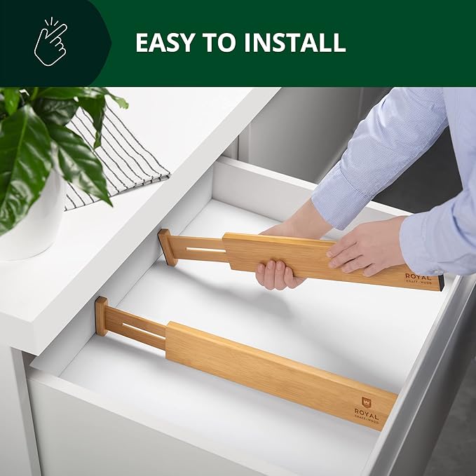 ROYAL CRAFT WOOD Adjustable Bamboo Drawer Dividers Organizers (17-21.5") with Inserts - Expandable Drawer Organization Separators for Kitchen Utensils, Clothes, 4-Pack
