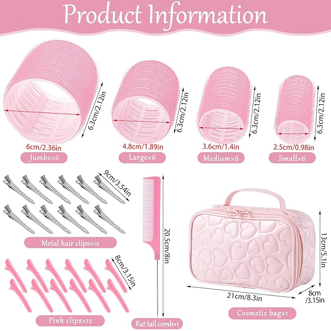 Obeoby 4 Sizes Hair Rollers with Gift Makeup Bag, Rollers Hair Curlers for Long, Short Hair and Bangs, Red Birthday Valentines Day Gifts for Her Women Girls Pink