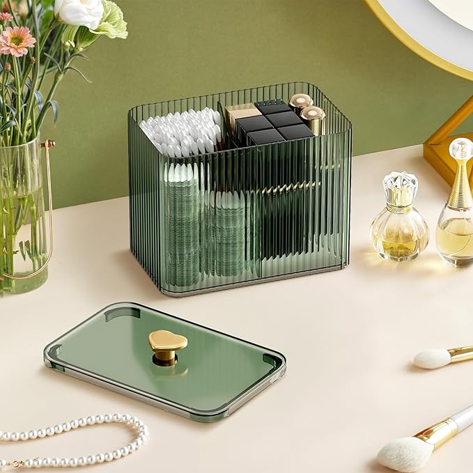Qtips Holder Bathroom Container 3-Section Bathroom Organizer Dispenser 3 Grids Cotton Ball/Swab/Pad Holder Jar Organizer Cosmetics Storage for Vanity Green
