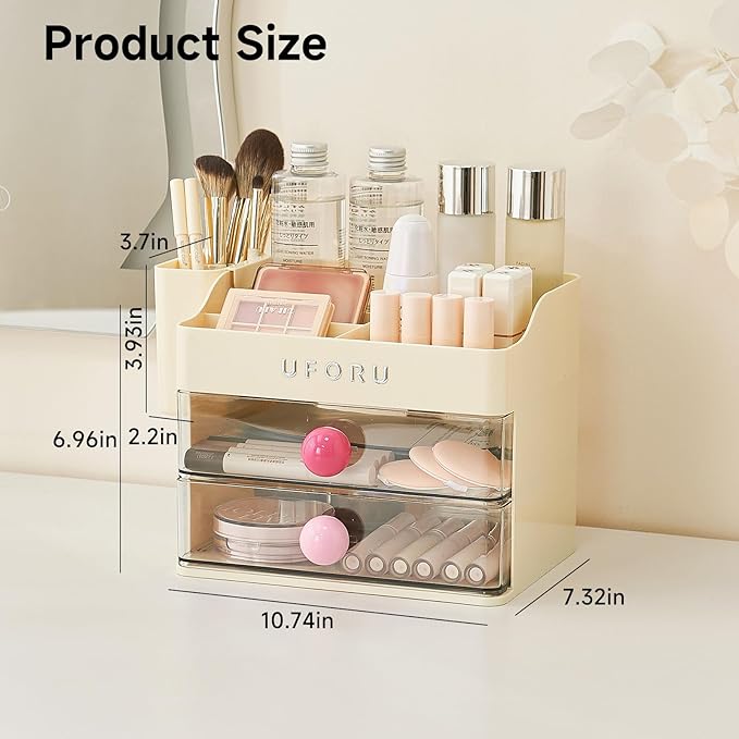 Makeup Organizer for Vanity with Brush Holder, Countertop Skincare Organizer with 2 Drawers, Spacious Cosmetic Display Case for Perfumes, Eyeshadow Palettes, Nail Polishes