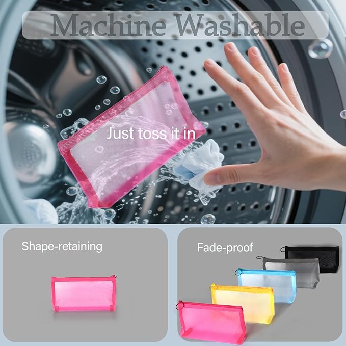 Patu Zipper Mesh Bags, Widened Long Case, 5 Pieces, Beauty Makeup Cosmetic Accessories Organizer, Travel Toiletry Kit Set Storage Pouch, Assorted Colors