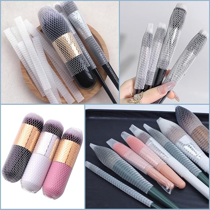 GORGECRAFT 200Pcs Makeup Brush Pen Guard Protector Net Reusable Thread Spool Savers Expandable Mesh Cover Plastic Sewin Thread Netting Machine Embroidery Net for Sewing Eyeshadow Brush, White