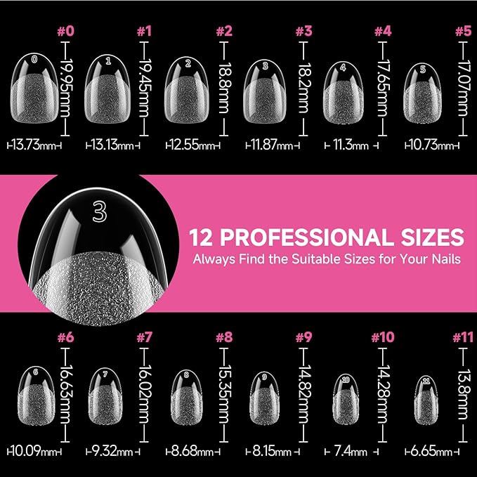 UNA GELLA Short Oval Round Nail Tips, Pre Etched Short Oval Gel Nail Tips Soft Gel Full Cover Press on Nails for Nails Extension Art DIY Salon 216Pcs 12 Sizes