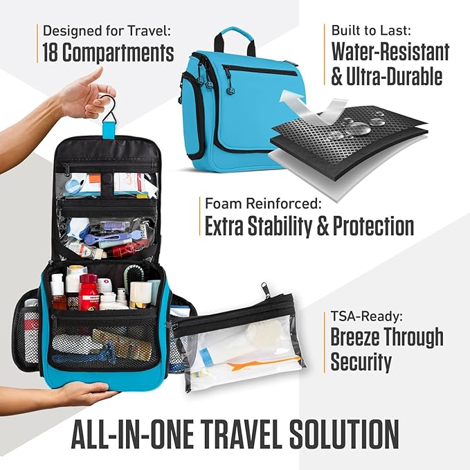 VENTURE 4TH Hanging Travel Toiletry Bag for Women & Men – Large Toiletry Organizer with 18 Compartments, Removable TSA Pouch, Travel Wash Bag for Toiletries, Makeup & Shaving Kit (Light Blue)