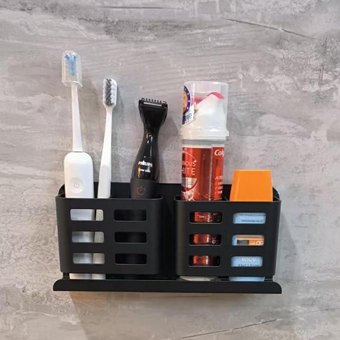 Aluminum Toothbrush Holder, Self-Adhesive Wall Mount Bathroom Organizer for Toothbrush, Razor, Comb & Toothpaste (Black)
