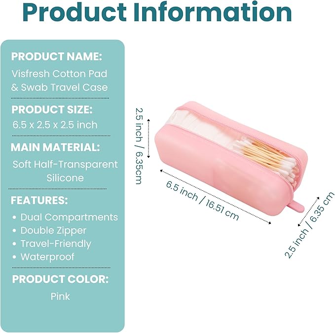Cotton Pad Swab Travel Case – 2-in-1 Portable Waterproof Qtips Dispenser for Cotton Square Pad & Qtip, Floss, Bobbi Pin, Nail Kit, Hair Accessories Organizer TSA Compliance – VISFRESH (Pink)