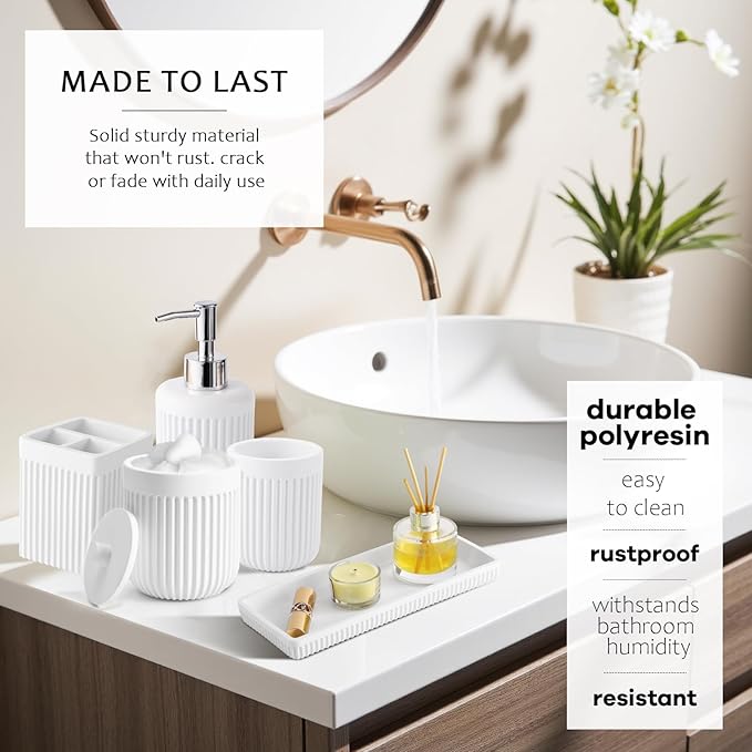 XLHOMO 8-Piece White Bathroom Set - Resin Bathroom Accessories Sets Complete with Shower Curtain and Rugs, Soap Dispenser, Toothbrush Holder, Cup, Tray & Cotton Swab Jars