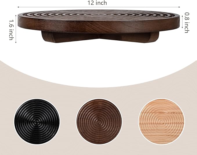Round Decorative Tray Framhouse Bathroom Decor Wood Riser Kitchen Countertop Organizer for Perfume, Candle, Plant, 12 inch Walnut