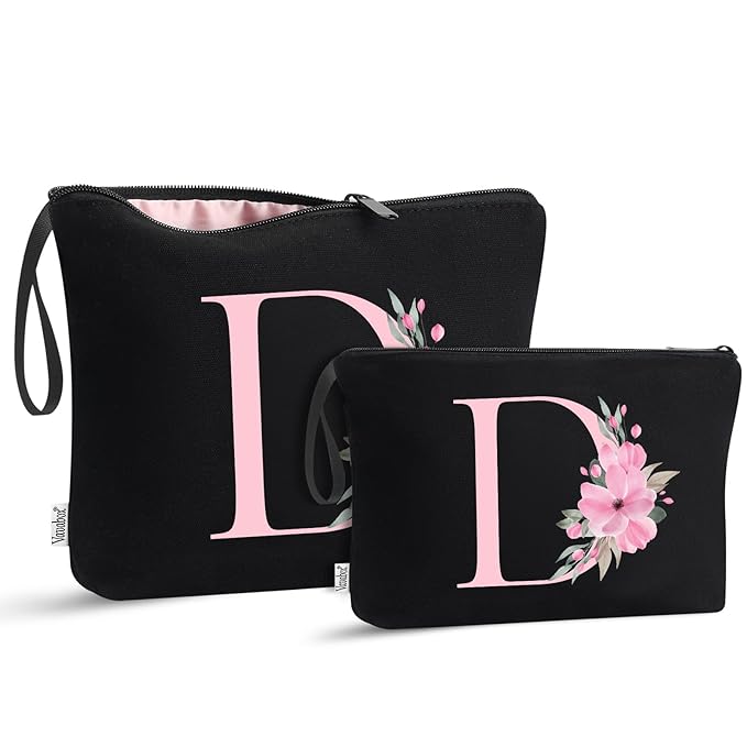 Vavabox A-Z Personalized Makeup Bag, Birthday Gifts for Women Mom, Gifts for Best Friend, Bride Bridesmaid Cosmetic bag (D, 04-Black Set)
