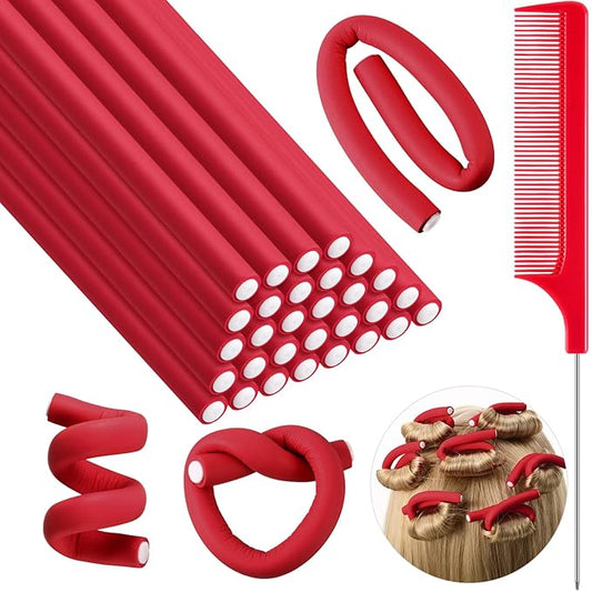 Syhood 30 Pieces Flexible Curling Rods Twist Hair Rollers Soft Foam Rods No Heat and 1 Pcs Steel Rat Tail Comb for Women Long and Short Hair(7 x 0.39 Inch,Red)