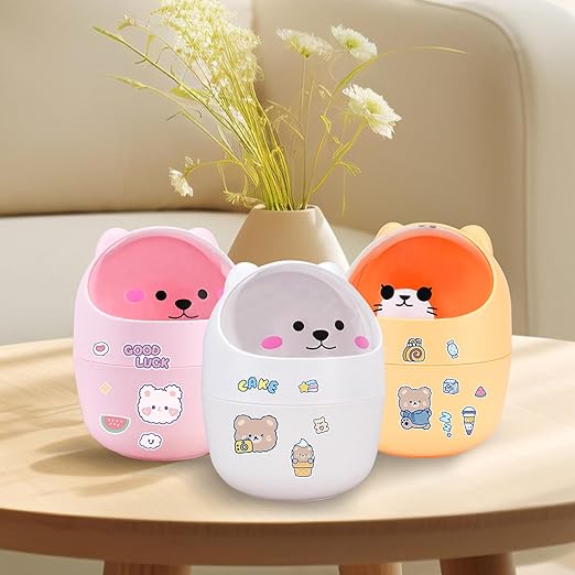 Cute Desktop Tiny Trash Can with Flip Lid, Creative Kawaii Bear Mini Wastebasket, Portable Countertop Dustbin for Office Kitchen Vanity Tabletop Bedroom (Pink)