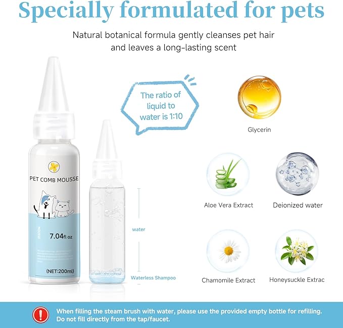 Pet Steam Brush Spray Refill for Dogs & Cats – Concentrated Waterless Shampoo, 3-in-1 Grooming Spray Comb Mist, 2*Shampoo(Steam Brush not Included)