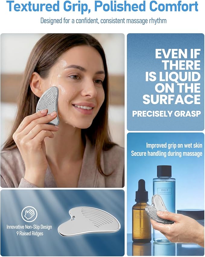 Non-Slip Grip Stainless Steel Gua Sha Tool for Face, 2026 Updated Ribbed Facial Guasha Massage Tool, Cooling Metal Face Massager Scraper for Jawline Sculpting Cheeks&Chin Gift for Women Mother, Silver